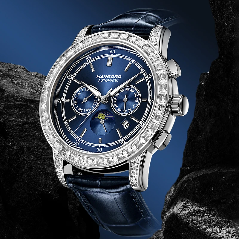 HANBORO Orologio automatico da uomo Orologio da polso meccanico di lusso da 43,5 mm 5ATM Lunetta in cristallo impermeabile Multi-quadrante Mese Settimana Data