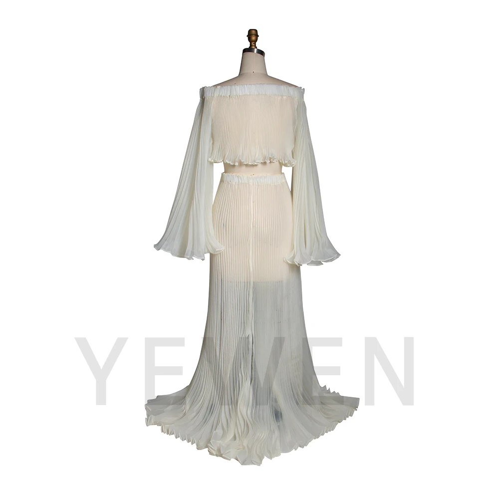 Gaun Pemotretan Ibu Hamil Dua Potong Berbahan Organza Putih dengan Lipit Mengalir untuk Pemotretan Kehamilan