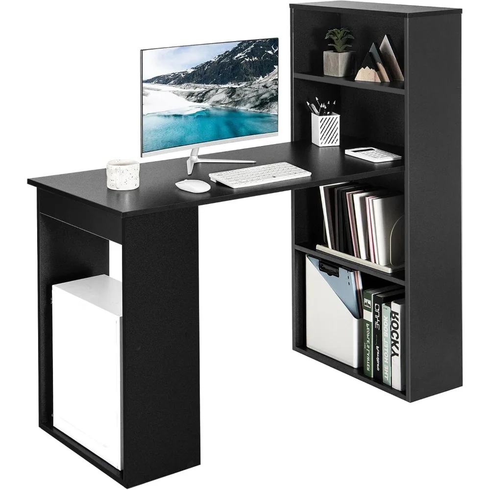 Black Computer Desk w/Bookshelf, Modern Home Office Desk w/Storage Shelves & CPU Stand, Space-Saving Design, Compact Computer