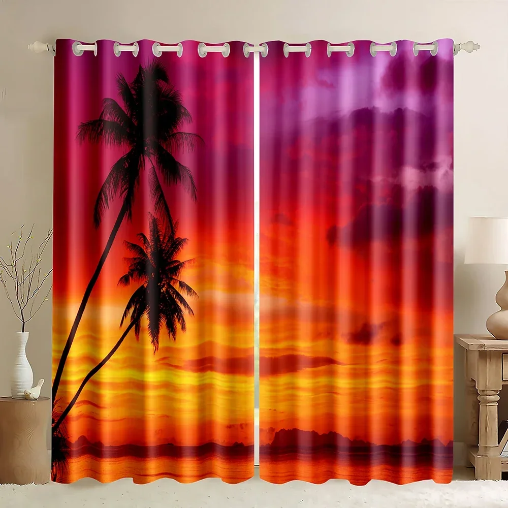 Sunset Curtains Beach Theme Beautiful Sunset Over The Sea Coconut Trees Blackout Rod Pocket Drapes Underwater World Landscape