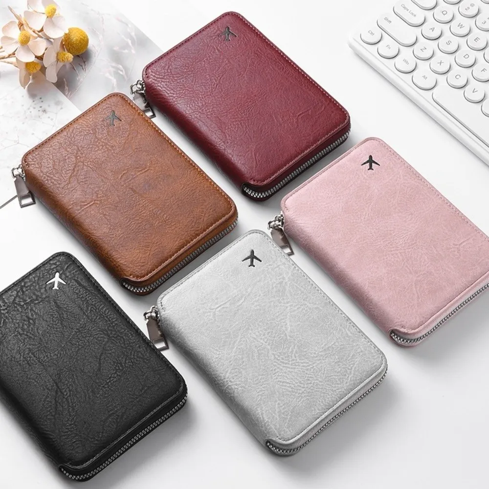 

Solid Color PU Passport Bag Airplane Check-in RFID Anti-theft Travel Wallet Multifunctional Passport Cover Passport Clip Men