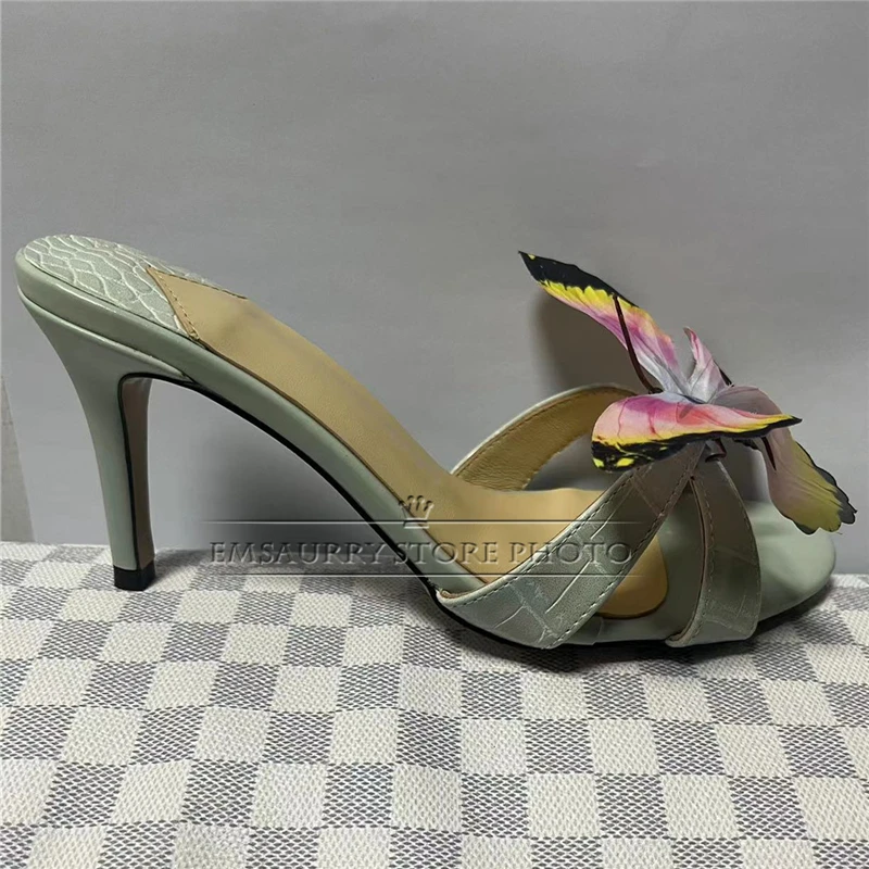 Handmade Butterfly-Flower Decor Sandals Women Slingbacks Multicolor Stone-Grain Real Leather Summer Shoes