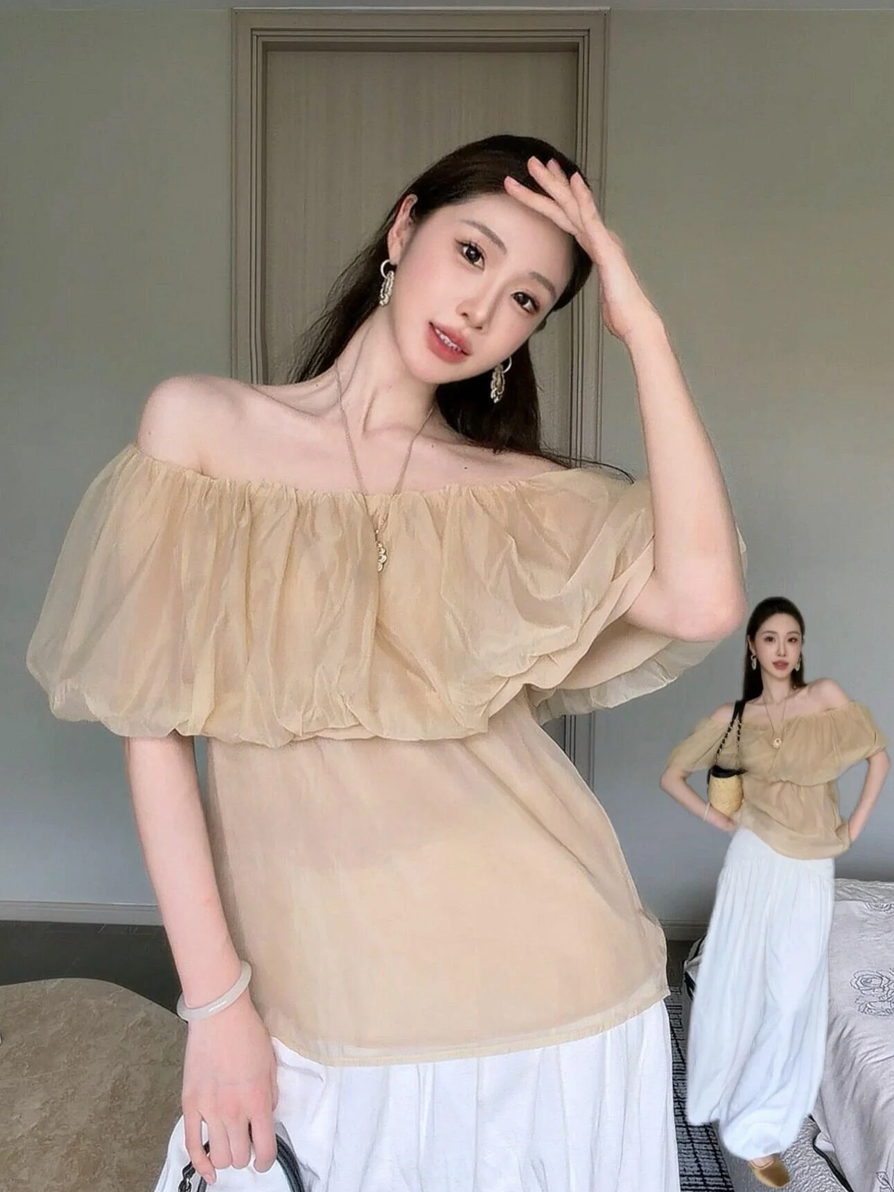 

Elegant Off-Shoulder Chiffon Shirt Women Summer 2026 New Style Youthful Short Sleeve Top French Style Loose Fit Breathable Sk...