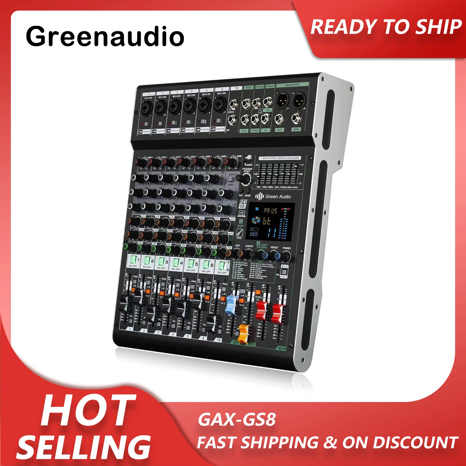 GAX-GS8 Professional 99DSP Mixer 24Bit 48V Audio Project Mixer With MP3 Recording For Live Studio Streaming