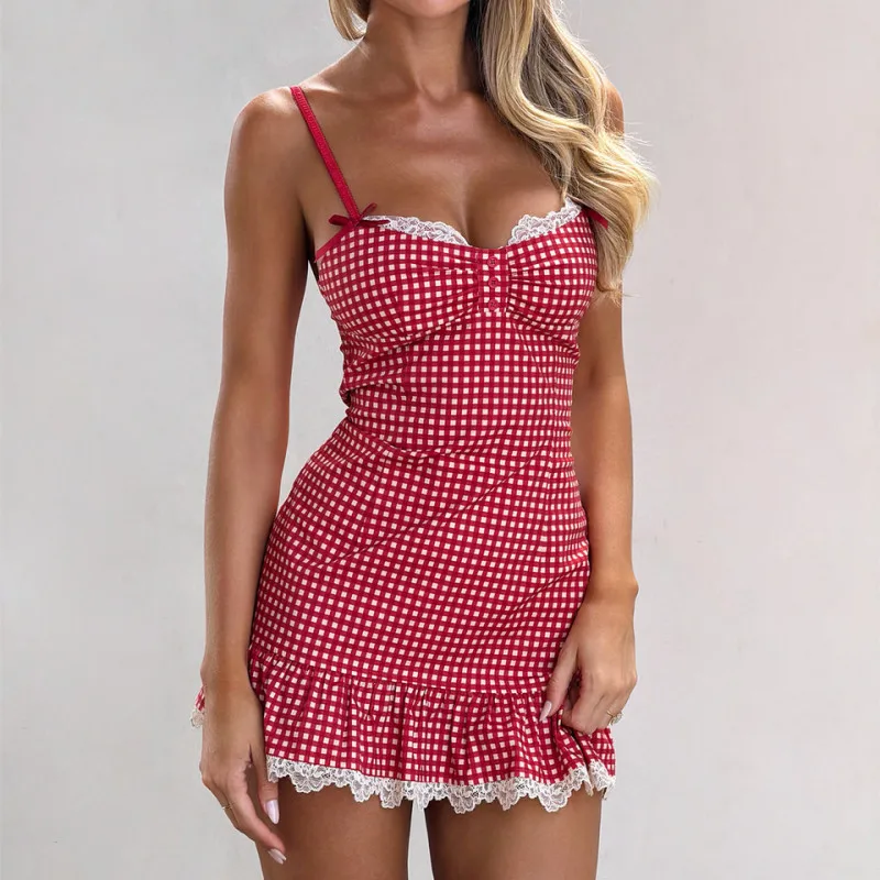 

Women's Summer Plaid Cami Dress Sexy Ladies Sleeveless Lace Trim Hem Mini Spaghetti Strap Dress Vacation Party Clubwear