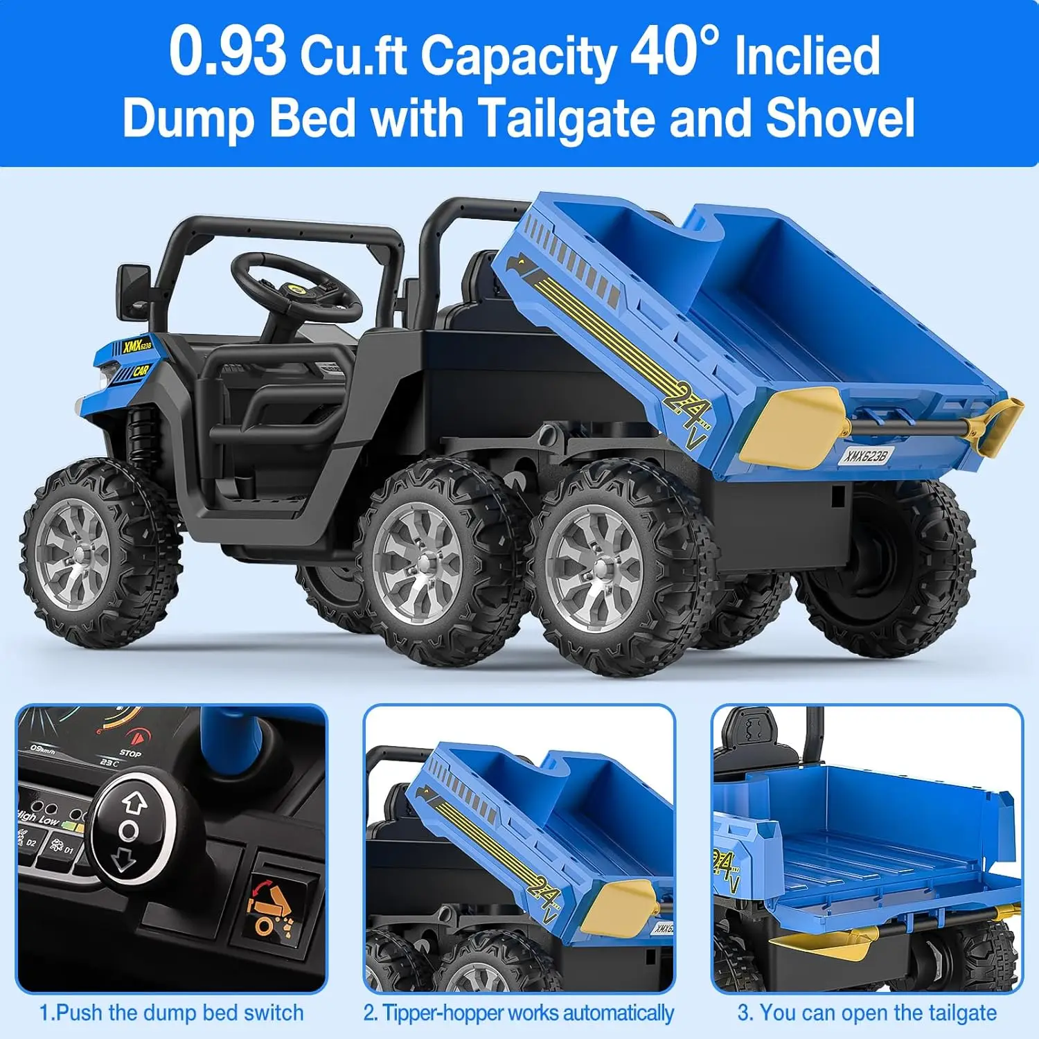 24V 2 Seater 6 Wheel Ride On Dump Truck with Parent Remote Control, 4WD Electric Car for Kids UTV Style Dump Bed & Music Horn