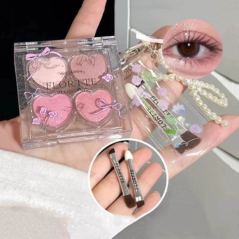 FLORTTE Oogschaduw 4-kleuren Matte Fijne Shimmer Multifunctioneel Draagbaar Palet Hoogtepunt Blusher Glitter Glanzend Gezicht Fleuren Make-up