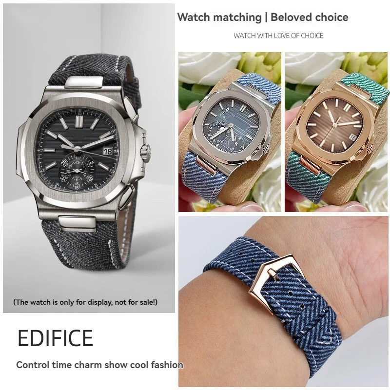 Cinturino per orologio in denim e pelle di vacchetta per Patek Philippe Nautilus 5711/5712 – Cinturino stile jeans alla moda azzurro/verde/grigio