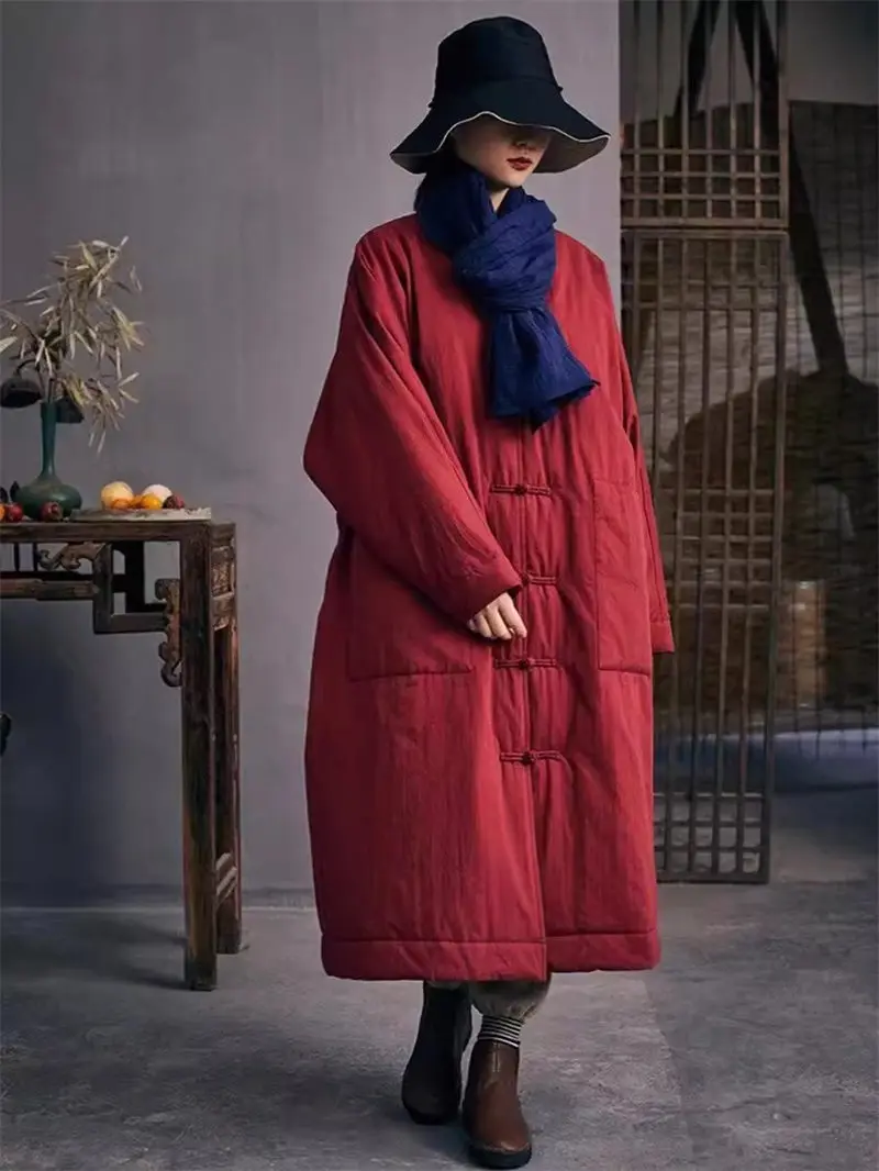 Autumn Winter Cotton Coat 2024 Women's Loose Medium Long Casual Chinese Retro Thick Warm Oversized Quilted Jacket Robe K2224