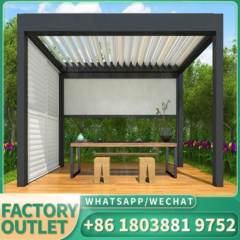 Foldable waterproof gazebo skylight roof system motorized bioclimatic louvre 5x3 bioclimatique outdoor aluminum pergola