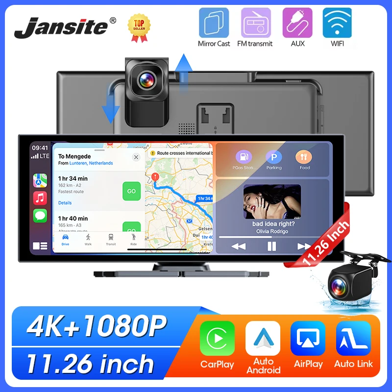11.26 inch 4K Car DVR Dash Cam Wireless Carplay Android Auto GPS Navigation BT5.0 Dashboard Video Recorder FM AUX Dual BT