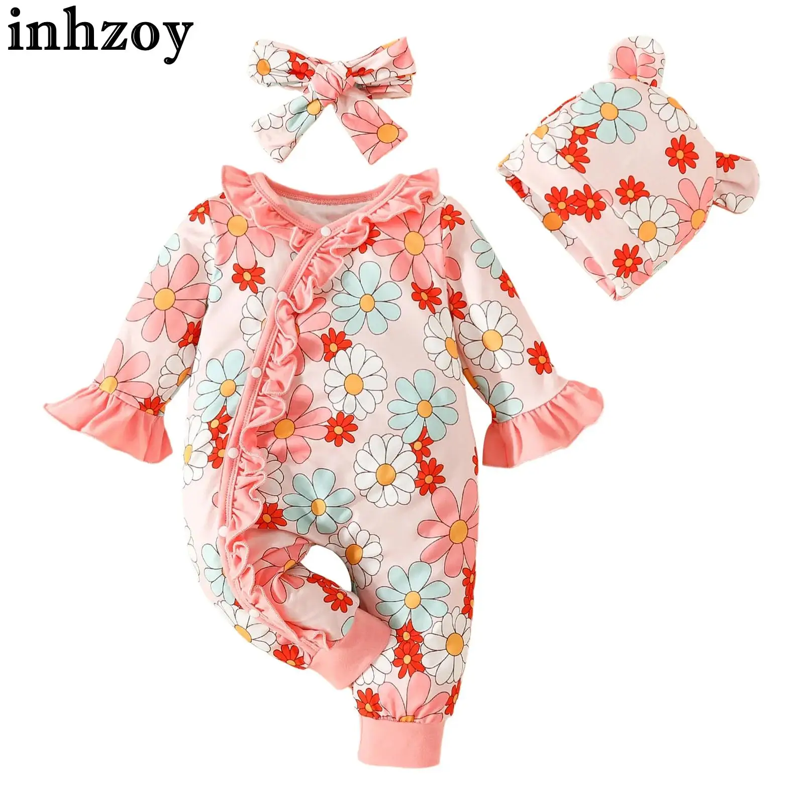 

Комбинезон для маленьких девочек с расклешенными рукавами, цветочным принтом и рюшами, с шапочкой и повязкой на голову, для дня рождения, фотосессии, весенне-осенний наряд
