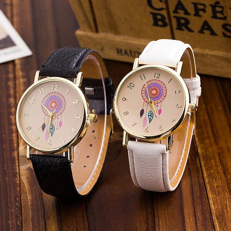 

Ladies Casual Watches Fashion Dream Catcher Flower Quartz For Watch Black Leather Women Pink Dress Clocks Gifts Reloj Mujer часы