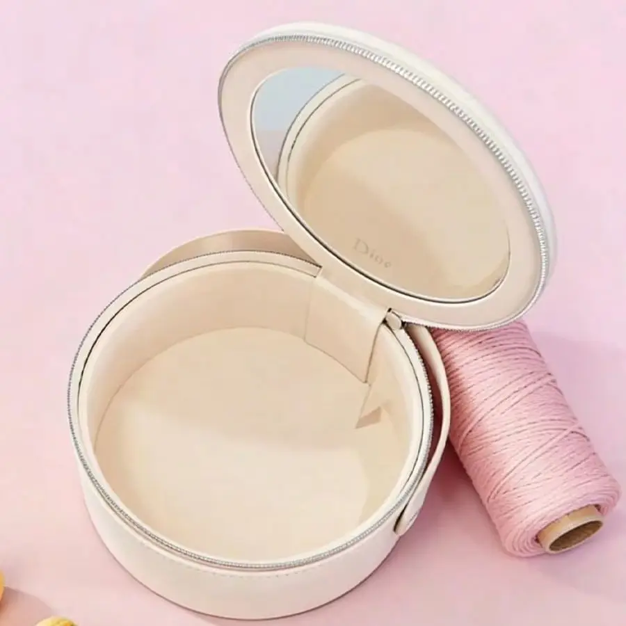 Christian Dior Dior’s Bag Luxury Apricot Round Handheld Makeup Organizer Pouch With Zipper & Built-in Mirror Portable Travel Cos view 4