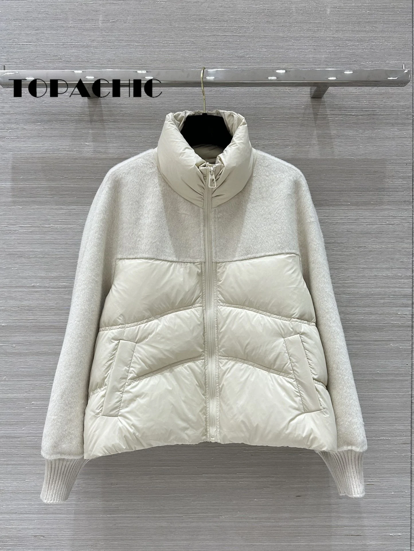 10.7 TOPACHIC-Women Clothes Loose All-matches Double-Sided Wool Spliced Stand Collar Zipper Short Down Outerwear