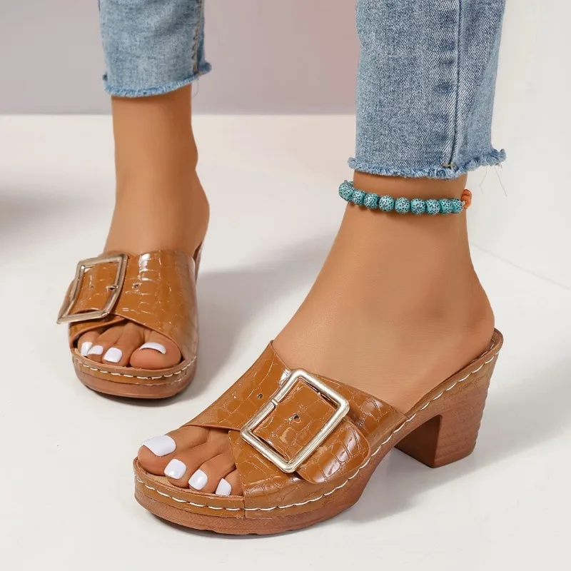

Casual Summer New Women's Slippers 36-43 Size Versatile Outdoor Wear Open-Toe Simple High Heel Slippers Comfortable Rubber Sole