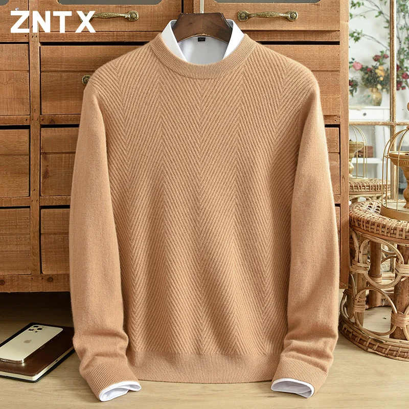 

Autumn and winter new men's pure cashmere sweater crewneck jacquard solid color striped bottom shirt youth Korean casual sweater