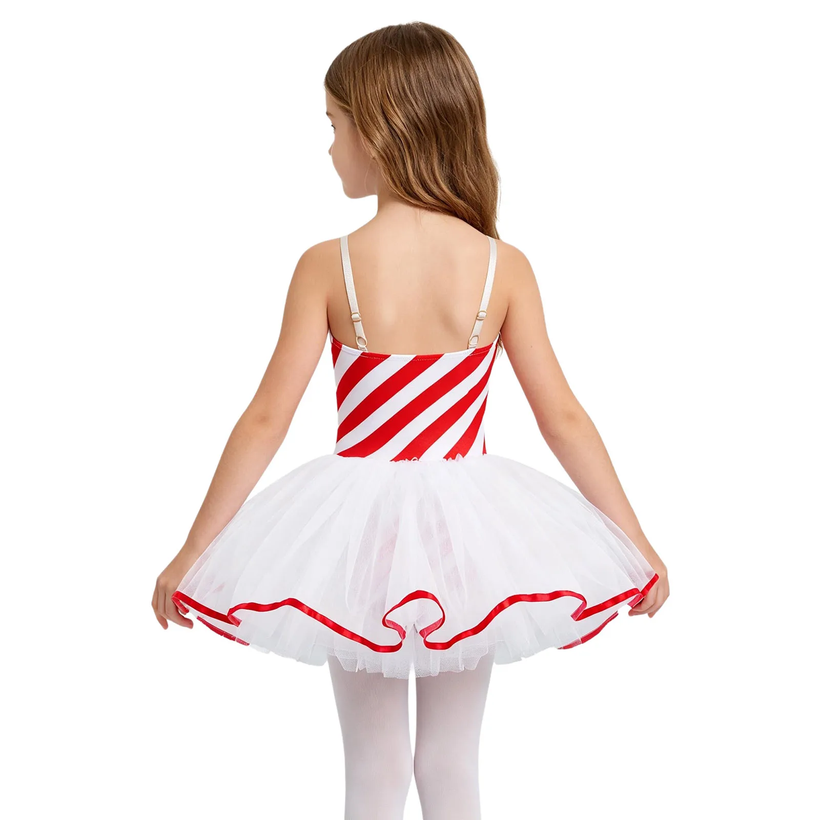 Girls Candy Cane Striped Sequins Ballet Tutu Dance Dress Circus Clown Costume Bowknot Adorned Stripe Print Mesh Tutu Dress