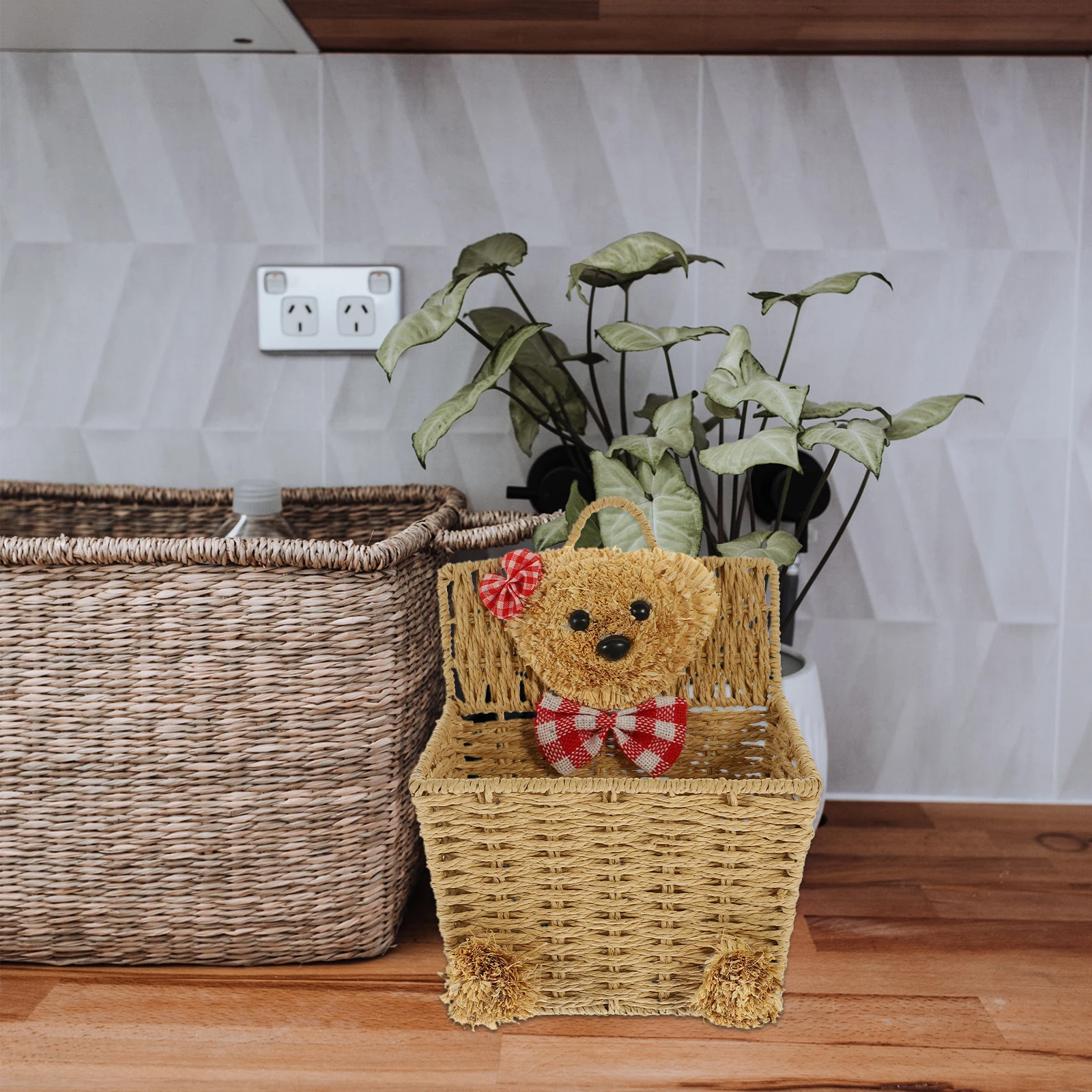 

Cartoon Storage Basket Woven Cotton Small Kitchen Bins Cute Brown Hamper for Home Decor Wall Hanging Storage Solution