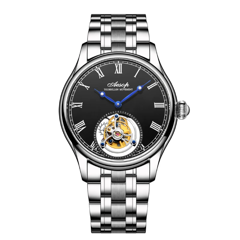 Aesop jam tangan kerangka Tourbillon pria, arloji mekanis mewah Manual berlikuk safir tahan air klasik skala Romawi 7021