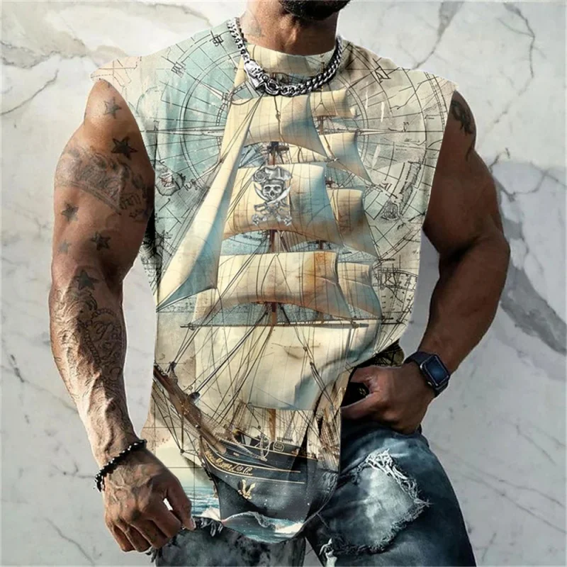 

3D Printed Retro Compass Tank Tops For Men Navigation Ship Pattern Tees Summer Loose Sports Street Round Neck Vest Casual Tops