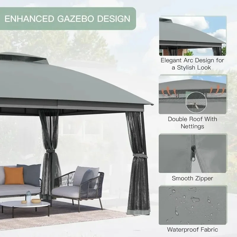 Factory Hot Sales Customizable 10 X 13 , Outdoor Patio Gazebo With Double Roofs And Mosquito Netting, Sturdy Metal Canopy Ga