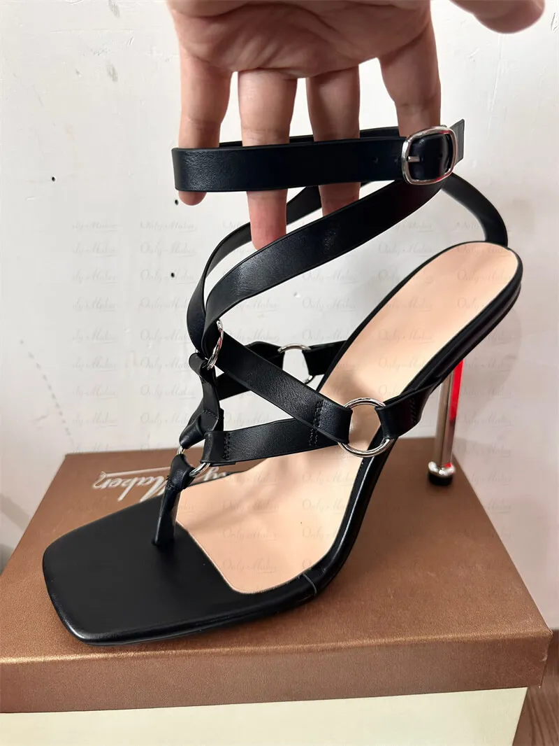 Onlymaker Women Black Square Toe Sandals Thin High Heels Metal Decoration Cross-tied Square Casual  Daily Party Summer Sandals