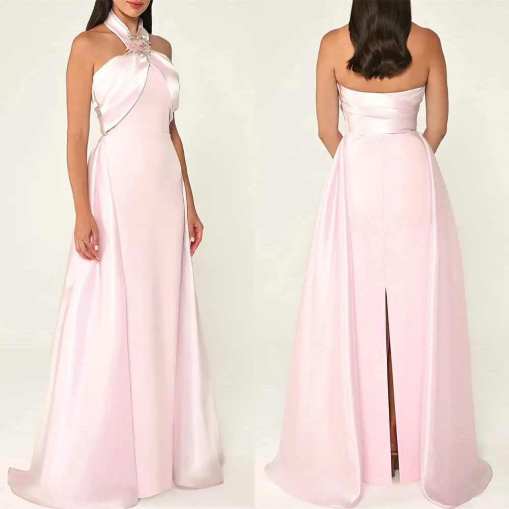 

Customized Exquisite Pink Jersey Homecoming Dress Temperament Strapless Halter Merma Vestido De FestaCustomizedid Zipper Back