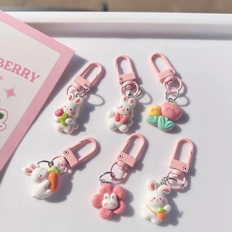 1PC Cute Rabbit Keychain Resin Bunny Carrot Charm Kawaii Pendant Tulip Keyring For Women Girl Kid Couple Car Bag Lovely Gift