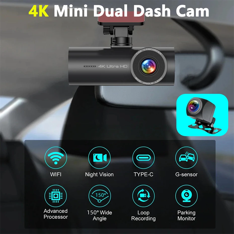 4K WiFi Dash Cam 2160P for Car DVR Camera Dual Lens Auto Night Vision WDR Video Recorder Support GPS Black Box Rear View Camera