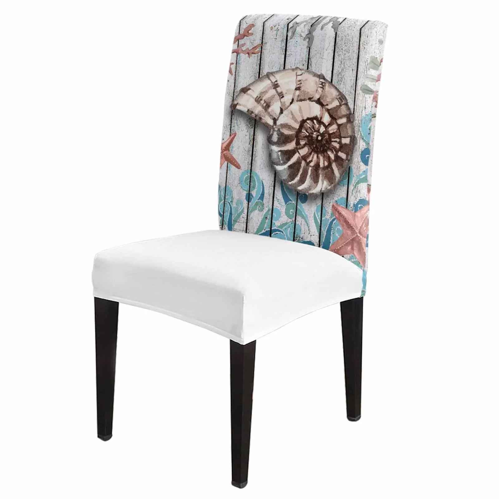 Coral Conch Starfish Plank Texture Chair Cover Set Kitchen Stretch Spandex Seat Slipcover Home Decor Dining Room Seat Cover