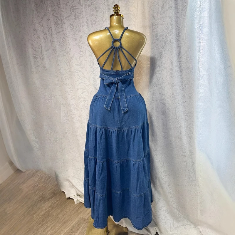 Mulheres com decote em v halter elegante denim vestido longo cintura alta ruched férias sexy festa noite streetwear em camadas maxi vestidos 2025