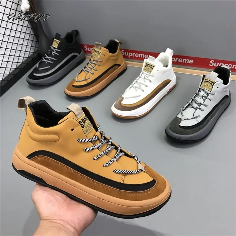 

High Top Sneakers Men Plush Winter Boots Fashion Casual Secondary Leather Cowhide Upper Height Increased Platform Board Shoes