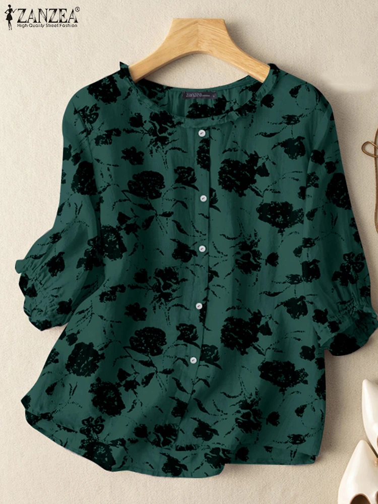 ZANZEA Elegant Floral Print Tunic Tops O Neck 3/4 Sleeve Flounce Trim Women Blusas Mujer Casual Autumn 2024 Vintage Blouses