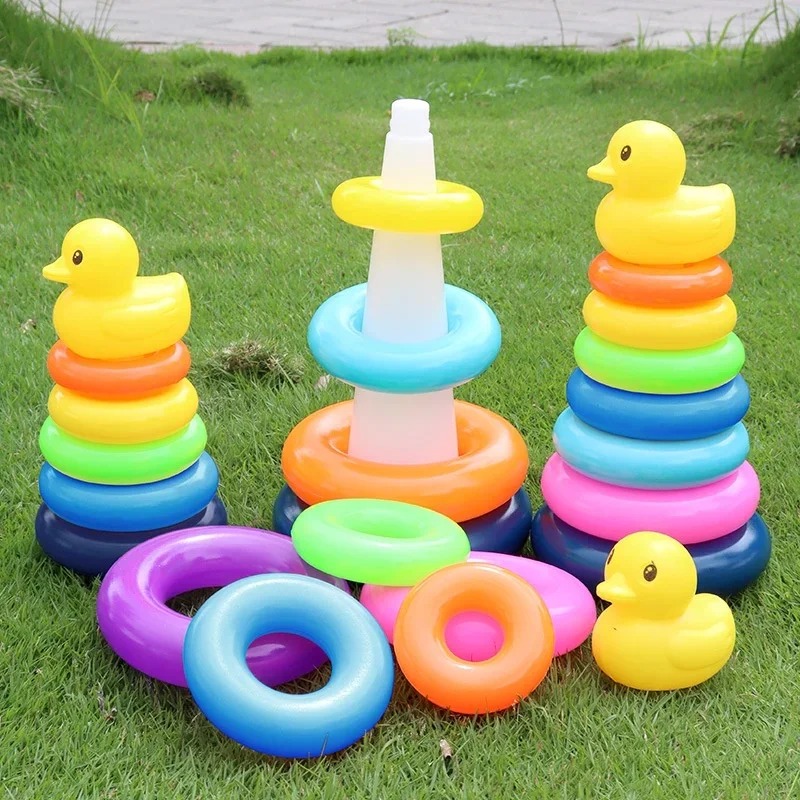 0-3 anos de idade infantil aprendizagem precoce arco-íris empilhamento brinquedos quebra-cabeça desenvolvimento inteligência arco-íris torre conjunto de anéis pato amarelo