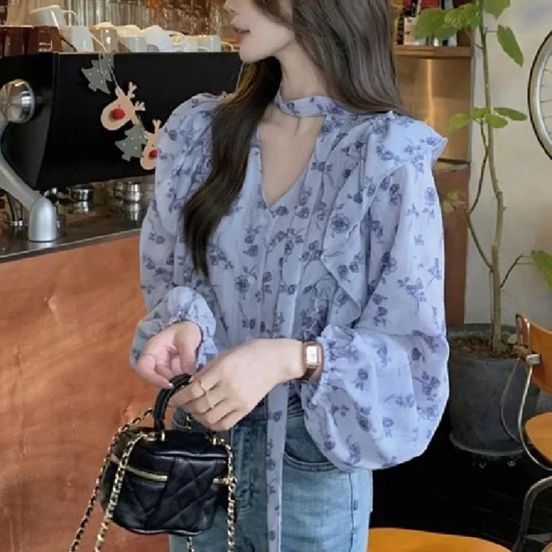 

Young Style Spliced Ruffles V-neck Printed Women's Shirts 2024 Spring New Fashion Drawstring Long Sleeve Shirt Chic Button Tops