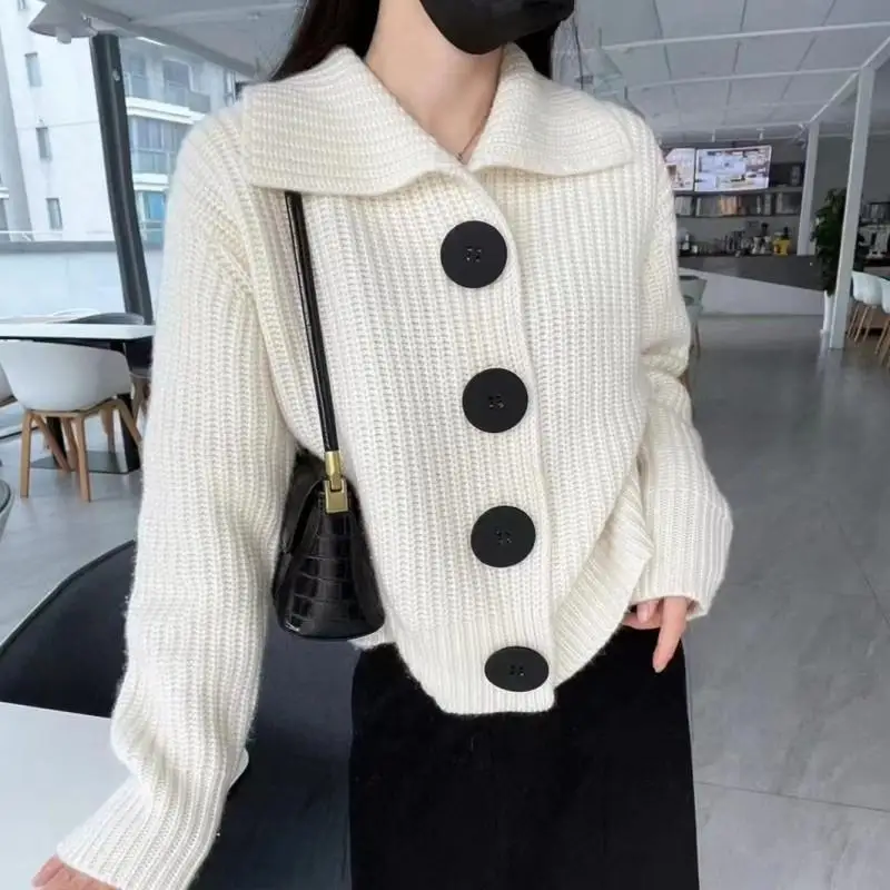 Korean Fashion Loose Polo Neck Cardigan Autumn Winter New Long Sleeve V Neck Solid Trend Knitting Sweater Casual Women Clothing