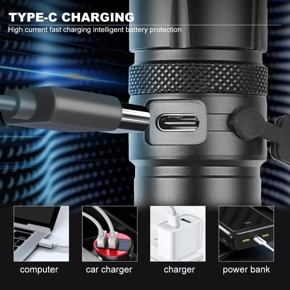 Tragbare LED-Taschenlampe, Teleskop-Zoom, Mini-Taschenlampe, wiederaufladbar, superhelle Handlichter, wasserdichte Angellaterne für den Außenbereich – Detail 10