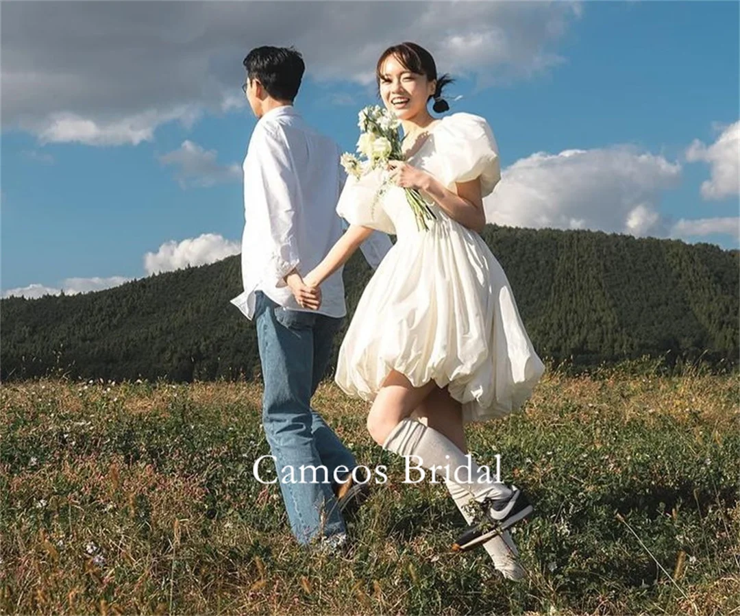 

SONDR Korea Ivory Square Collar Wedding Dress Custom Made Bride Dress with Puff Sleeves 웨딩드레스 Ruched Mini Wedding Gown Bridal