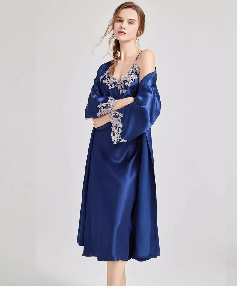 100% Mulberry Silk Robe Gown Sleepwear Sets Lace Trim Women Spring Autumn Leisure Sexy Pyjamas 2 Pieces Bathrobe & Nightdress