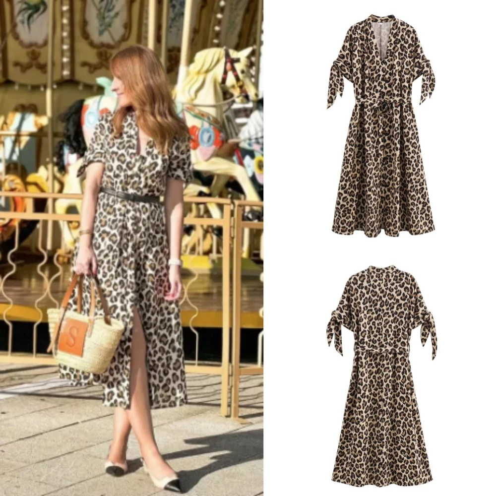 Abito camicia con stampa leopardata cintura da donna abiti Midi pieghettati per donna abito lungo con bottoni estivi abito femminile a maniche corte