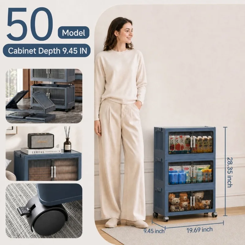 3‑Tier Stackable Plastic Storage Cabinet with Wheels, Foldable Organizer Cabinet with Transparent Flap Doors, Rolling Clothes Storage Bin for Bedroom, Living‑Room, Closet view 8