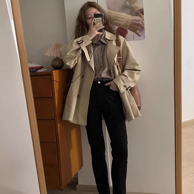 

Retro Hong Kong Sle ort Coat Jaet Women's Autumn Winter Khaki Briti Sle Workwear Coat Sweet Cool Sle Commute