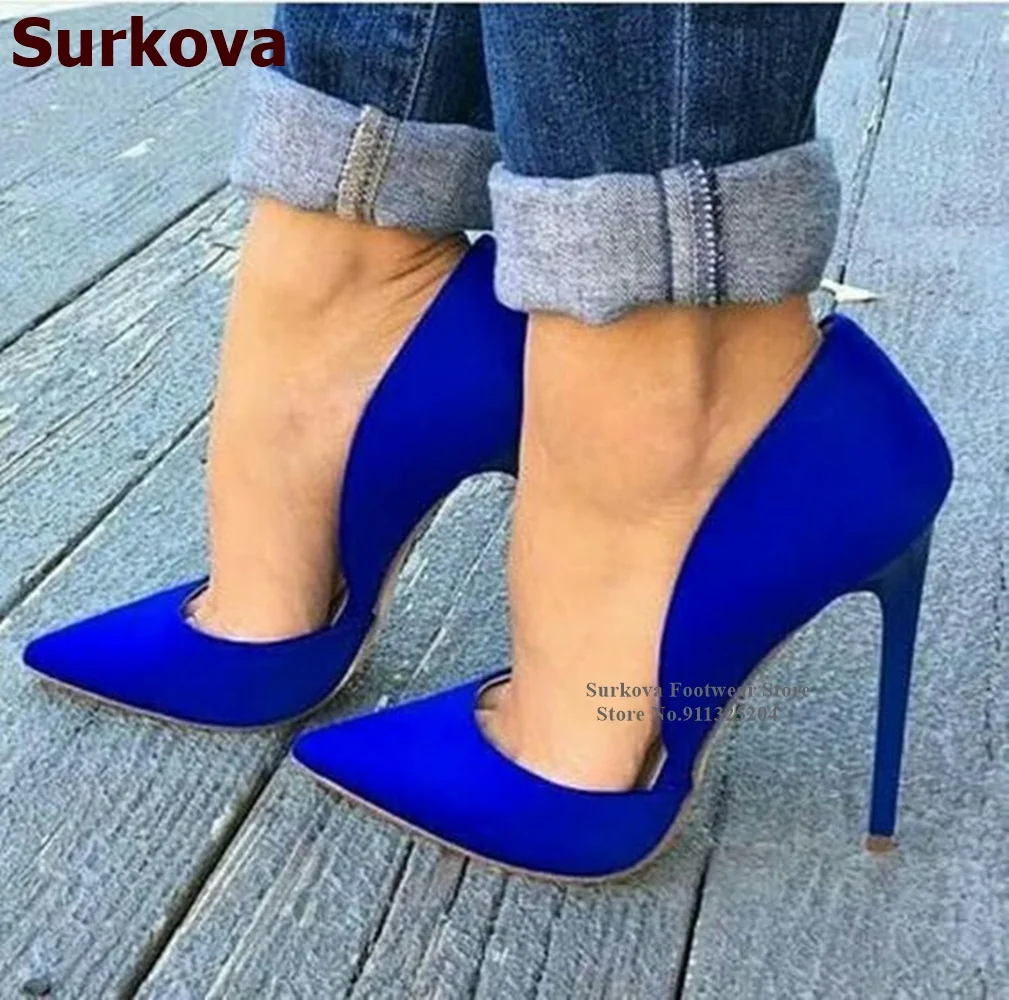 

Surkova Royal Blue Purple Suede Shallow Cut High Heel Shoes 12cm 10cm 8cm Stilettos Pointed Toe Dress Pumps Sexy Slip-on Heels