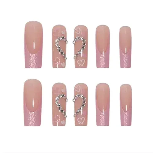 Imprensa longa em unhas postiças para mulheres, quadrado rosa, acrílico, capa completa, bling, strass, design de amor, unhas francesas, 24