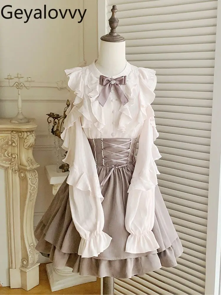 

Japanese Style Elegant Sweet Girls Bowknot Ruffled White Long Sleeve Shirt and High Waist Tie Short Skirt Two-Piece Set