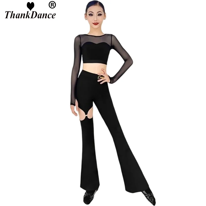 

Комплект для латинских танцев для девочек, топ с длинными рукавами для девочек, брюки-клеш, детские тренировочные наряды для современных танцев, ча-ча-самбы