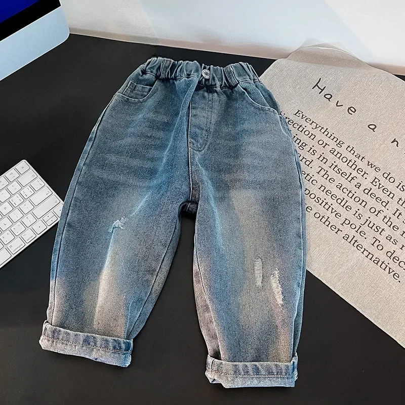 

Boys' Jeans Spring and Autumn Children's Western Style Broken Holes Pants 2023 New Boy's Trendy Cool Boy Pants