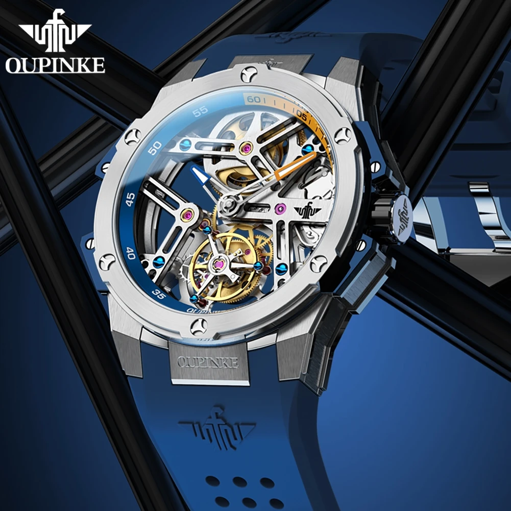 OUPINKE 8003 Watch For Men Tourbillon Hollow Mechanical Men Watch 45mm Big Dial Fashion Waterproof Silicone Strap Man Watches