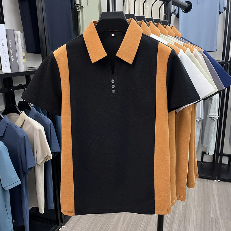 Hochwertiges Marken-Poloshirt aus Seide und Baumwolle mit kurzen Ärmeln bequemes atmungsaktives Herren-T-Shirt Sommer neue Mode Farbblockierung lässiges Oberteil – Detail 6